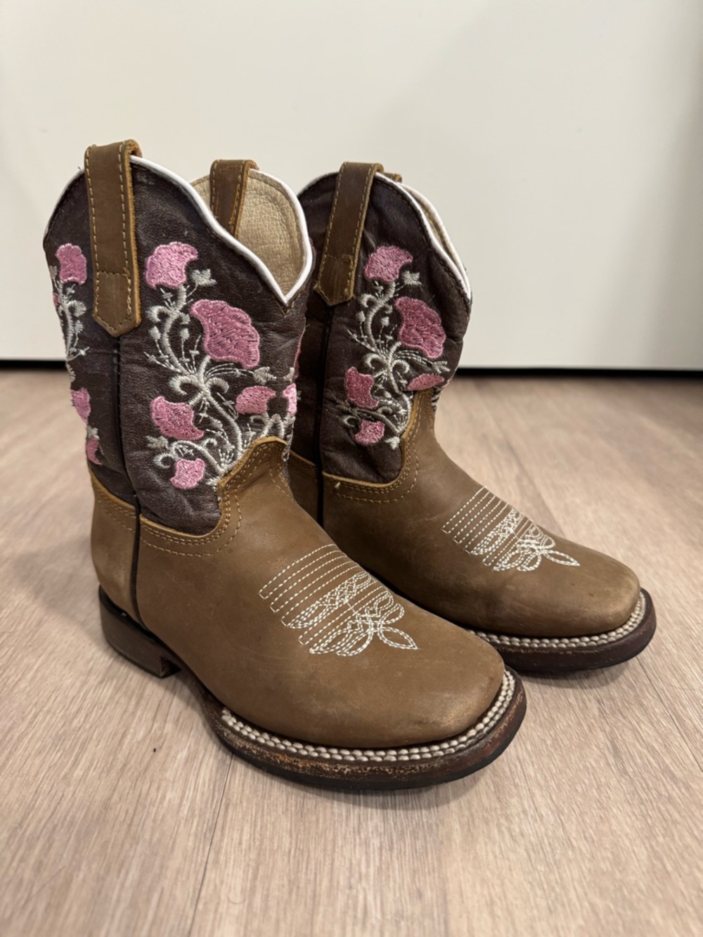 Kids Brown Leather Cowboy Boots with Pink Floral Embroidery